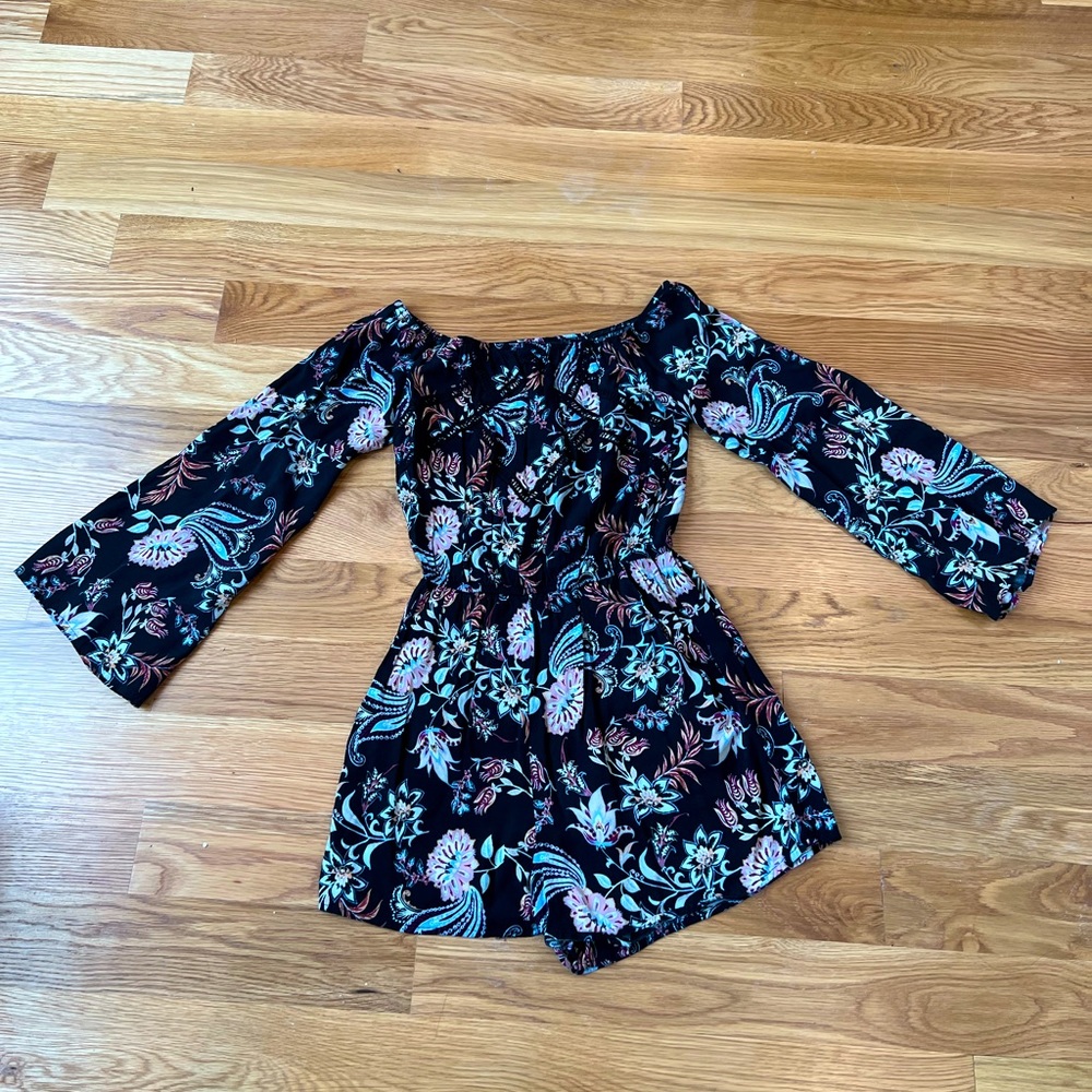 Xhilaration Romper ,small, black w/ floral print multi colored, off the shoulder